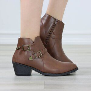 Brown Buckle Ankle Boots Side Zip Low Block Heel Pointed Toe Faux Leather